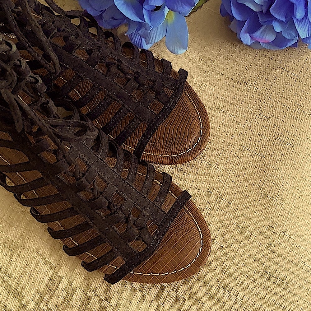 Strappy, back-zip wedge sandals.